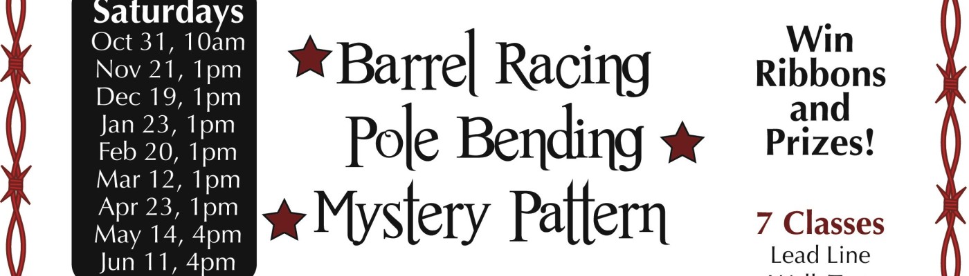Poster advertising a series of gymkhana events with barrel racing and pole bending.