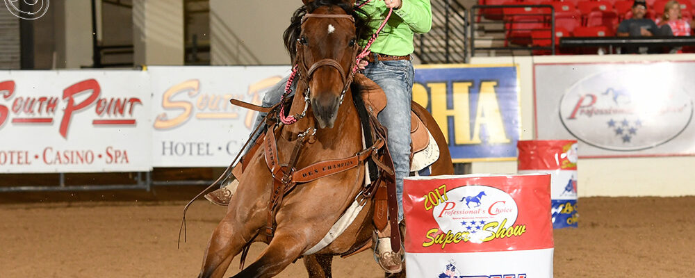 Jody Laughlin barrel racing in Las Vegas, 2017.