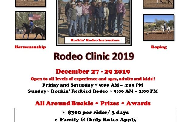 Rodeo Clinic 2019 event flyer with details and photos.